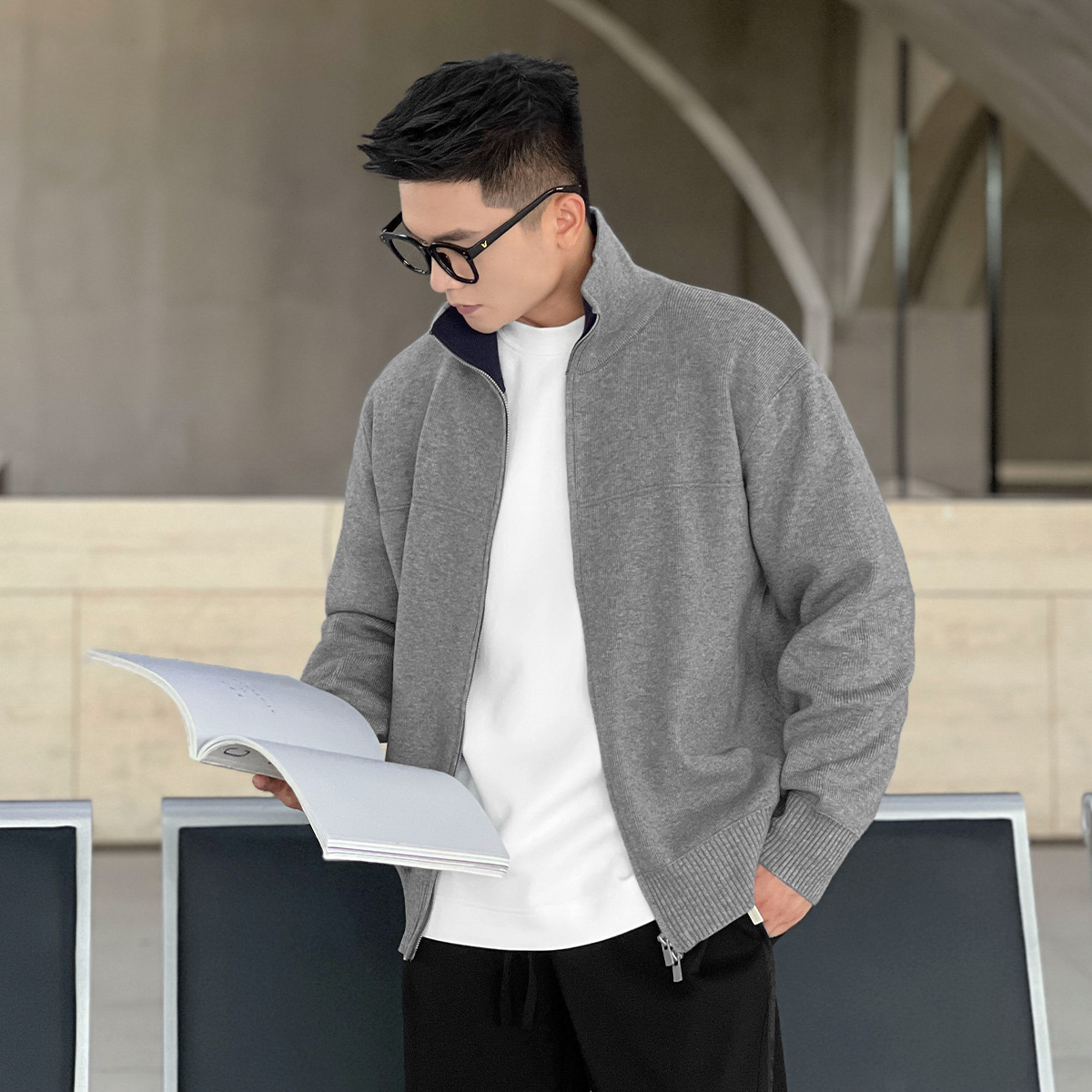 二十二号穿搭【痞帅cleanfit】高级感立领针织衫男士秋冬季保暖外套