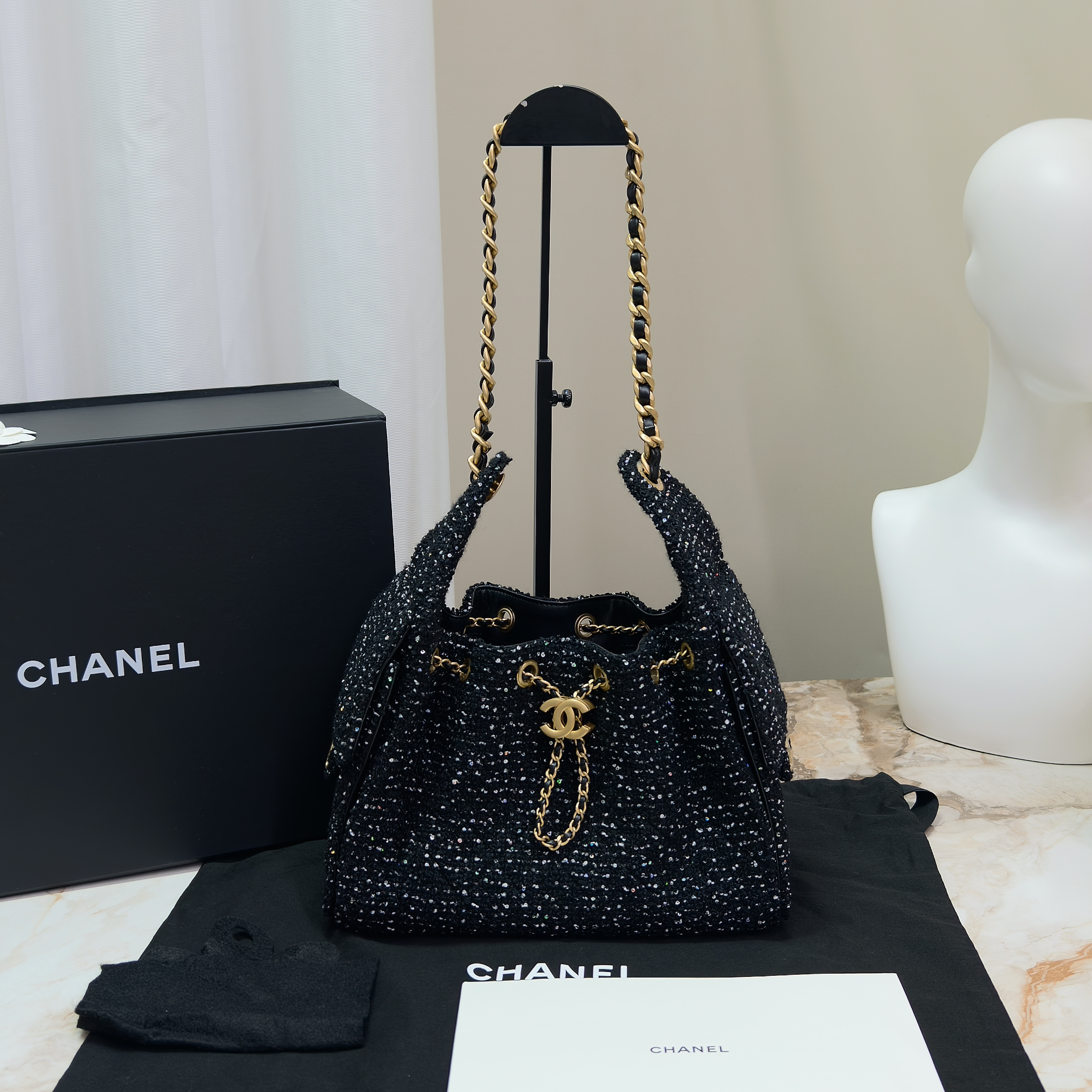 99新 Chanel/香奈儿 黑金毛呢25bag小号单肩包 73092