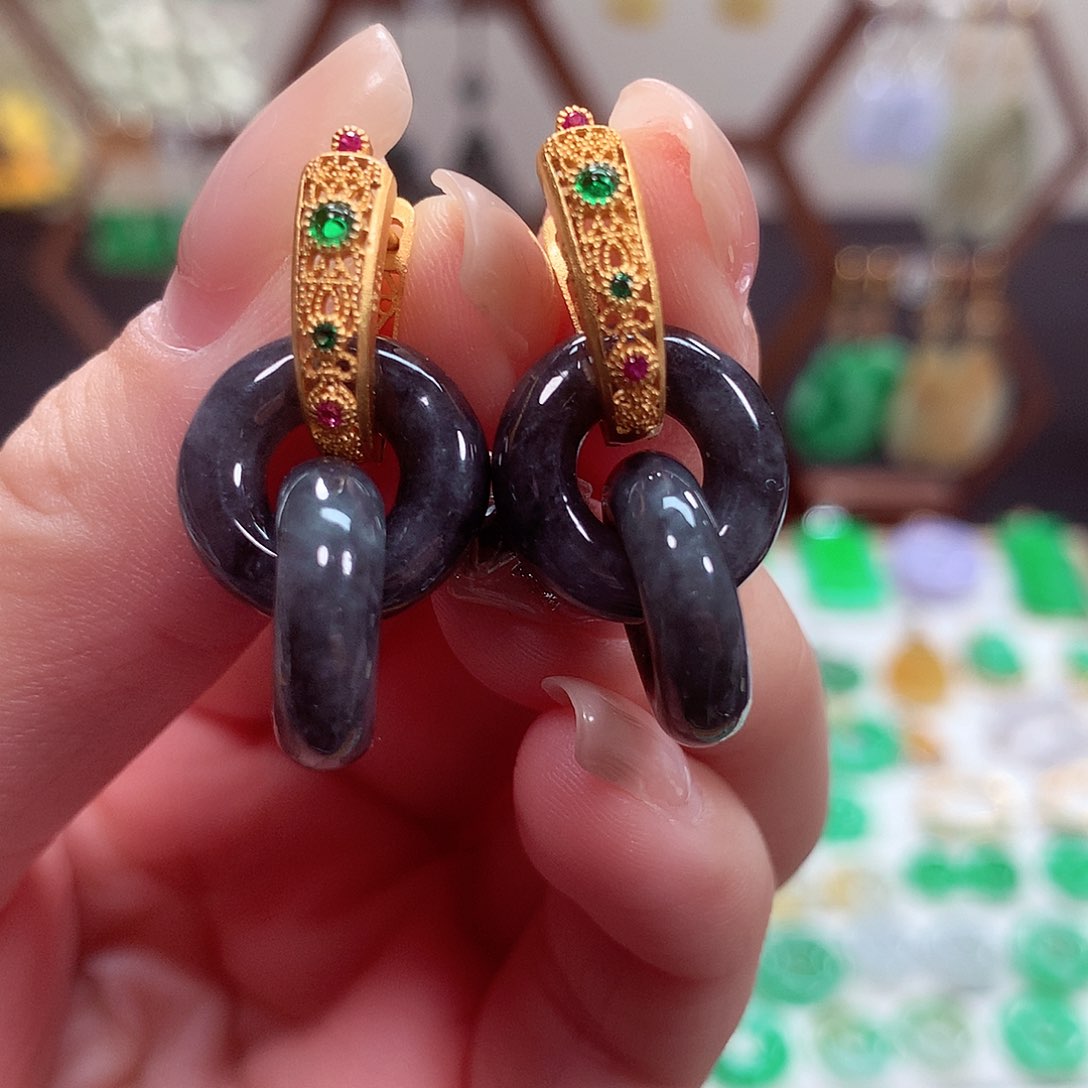 翡翠耳饰银S925镶嵌天然翡翠