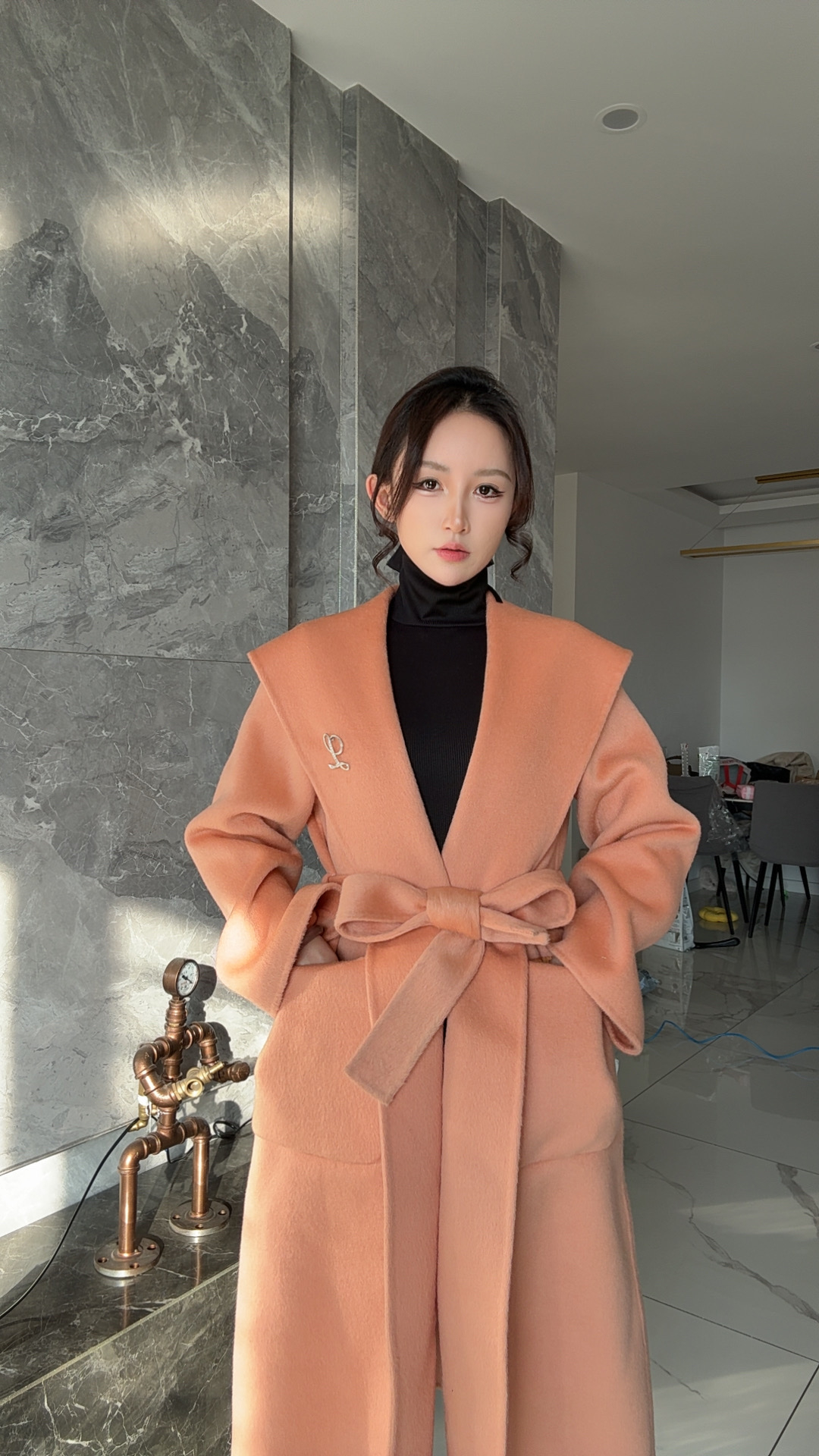 长款橙色大翻領短中长款大衣高端羊毛羊绒高級時尚小个子秋冬