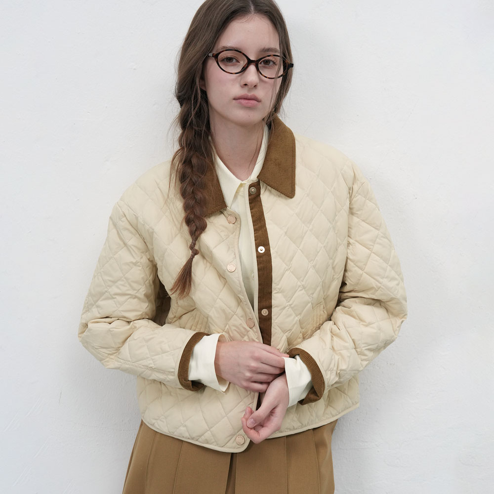 复古米白菱格纹灯芯绒拼接夹克7517