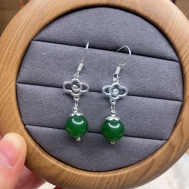 石英质玉耳钉银S925镶嵌