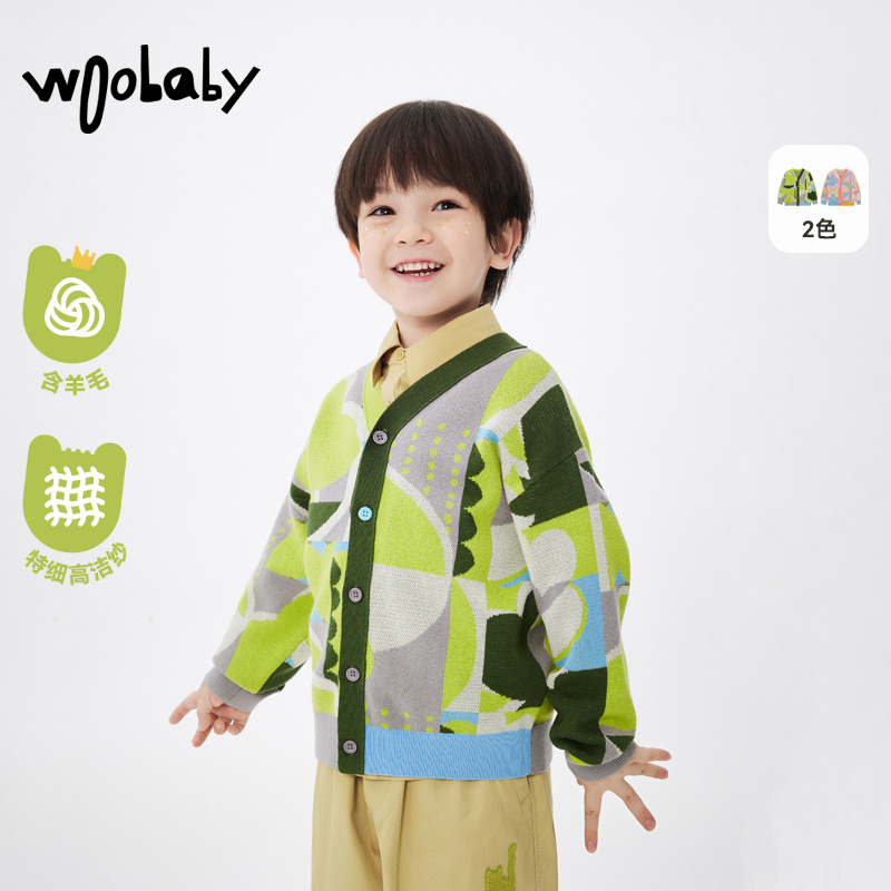 【童装】woobaby25年秋新品儿童针织开衫男童女童毛衫宝宝撞色童装