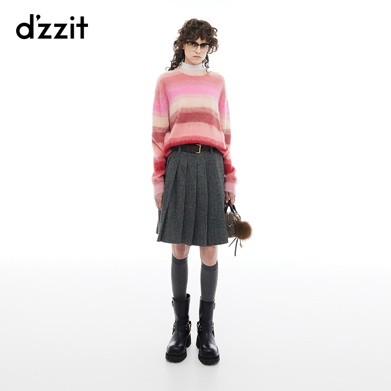 dzzit地素半身裙冬季老钱风羊毛混纺人字纹百褶裙女3I4S305