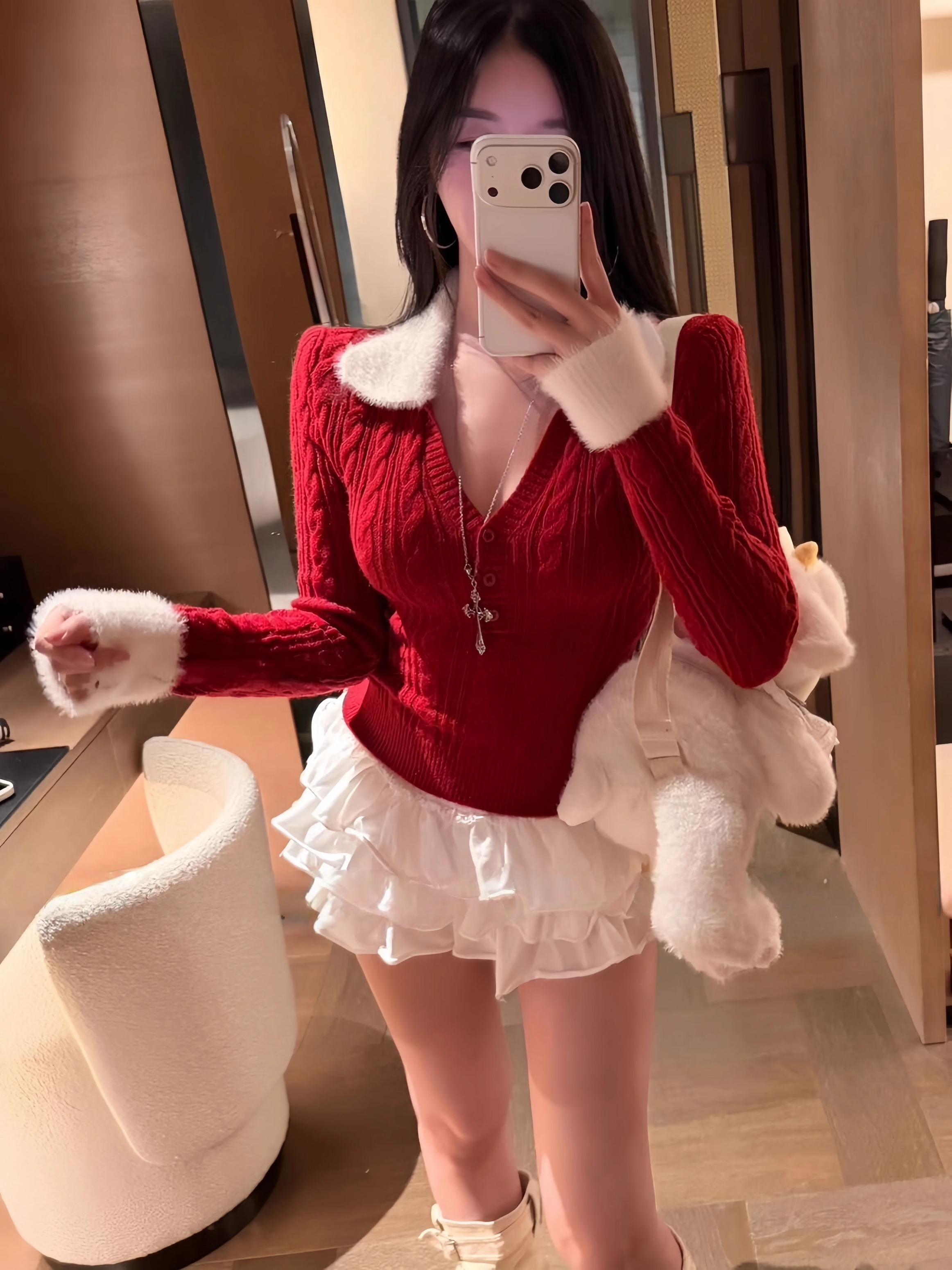 韩版翻领麻花长袖针织衫女秋冬毛绒拼接修身显瘦毛衣纯欲辣妹上衣