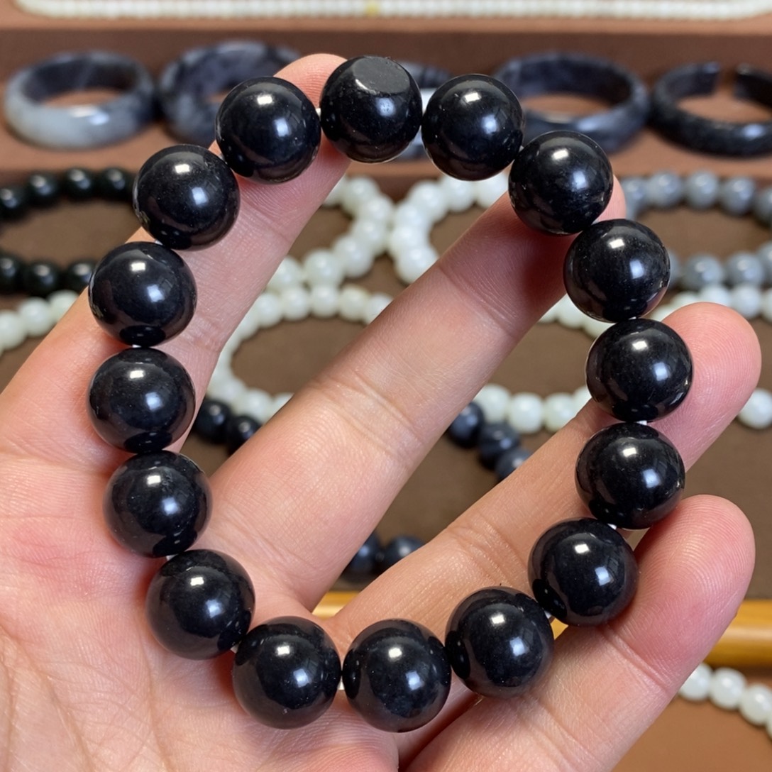 和田玉未镶嵌手串新疆和田玉青花聚墨墨玉14圆珠手串