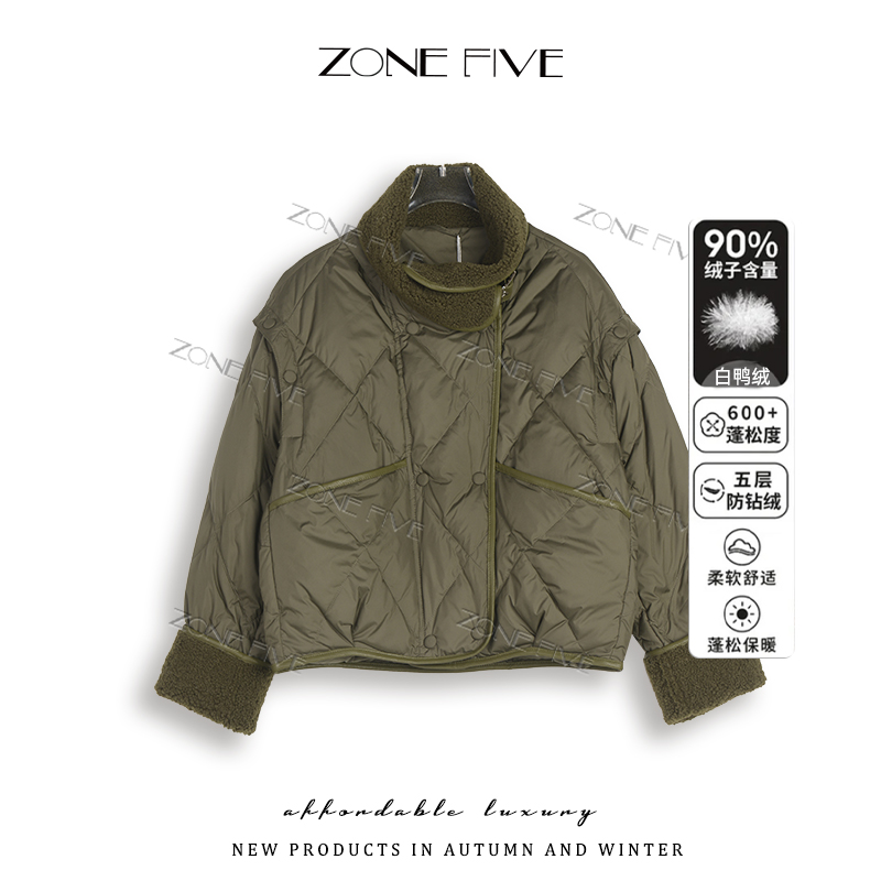 【zonefive】90白鸭绒/拼皮立体龟弧设计毛领短款羽绒夹克女士外套