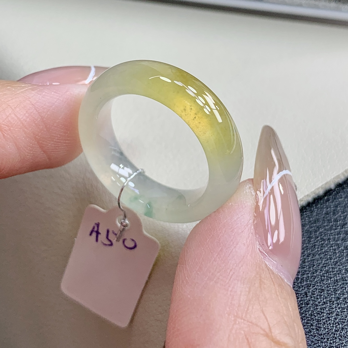 高冰种黄翡缅甸翡翠戒圈戒指 16号 起光起胶 尺寸17.5-6.6-4mm