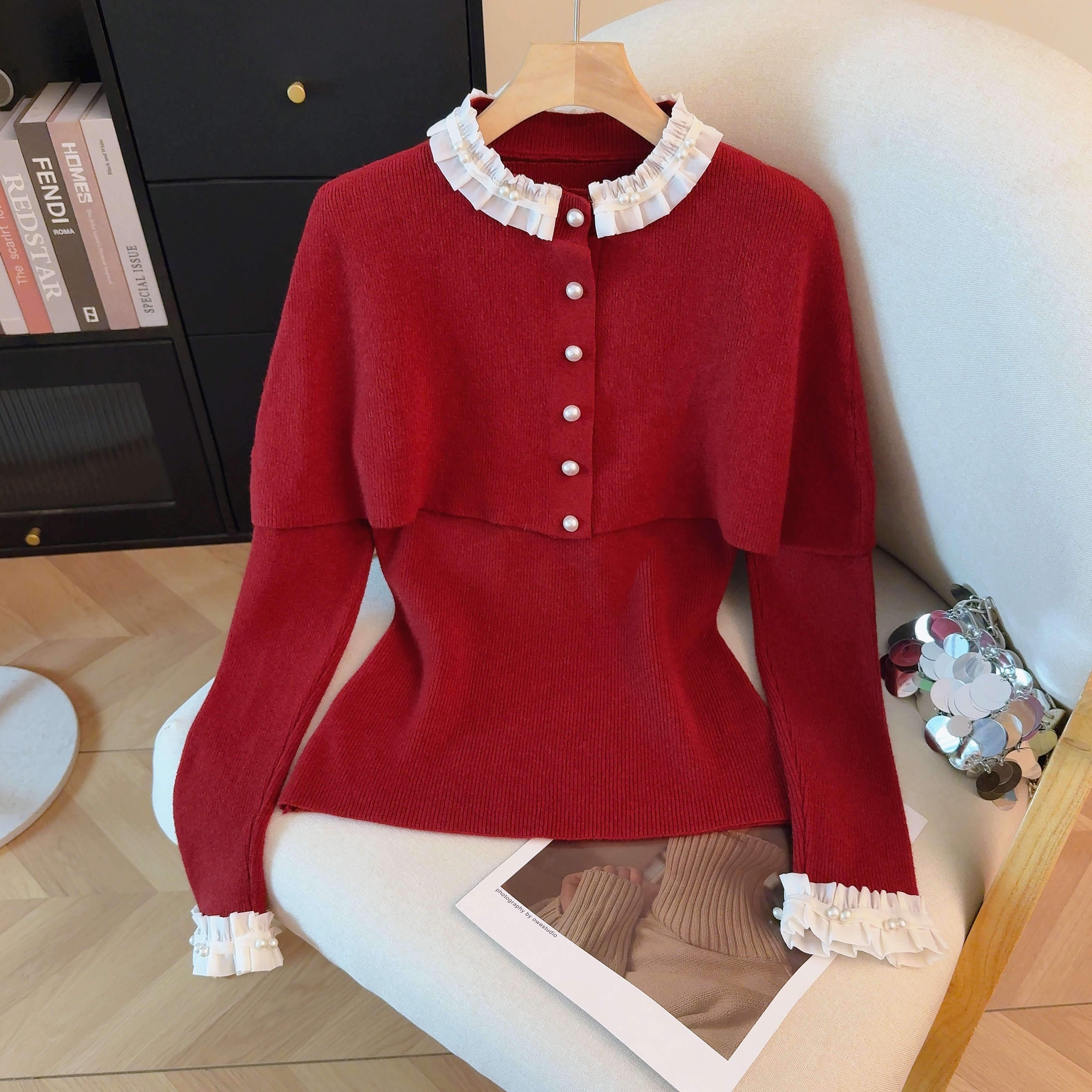 两件套法式千金风花边针织衫女新款红色珍珠扣显瘦气质上衣I6-82