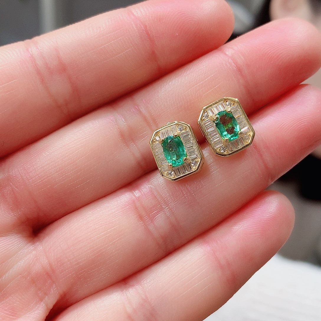 祖母绿耳饰银S925镶嵌