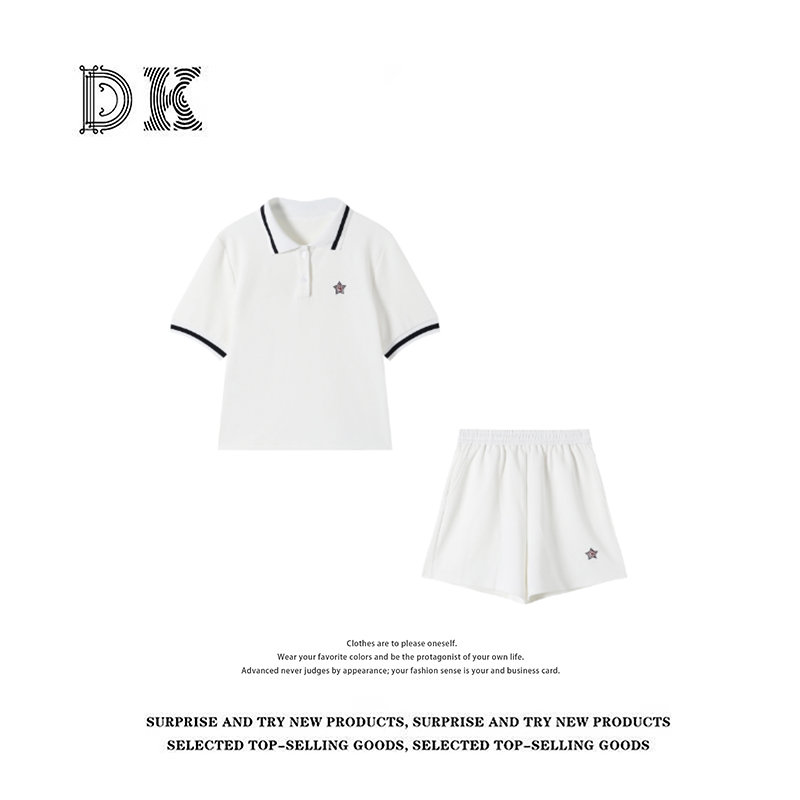 DK 2025款 夏季高级感刺绣POLO领上衣阔腿短裤休闲套装 72528