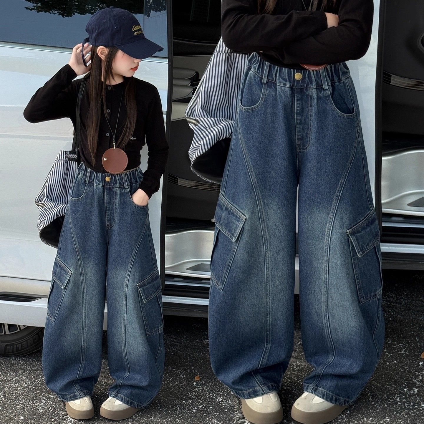 女童秋季牛仔工装裤2025新款儿童宽松弯刀裤女大童时髦炸街阔腿裤