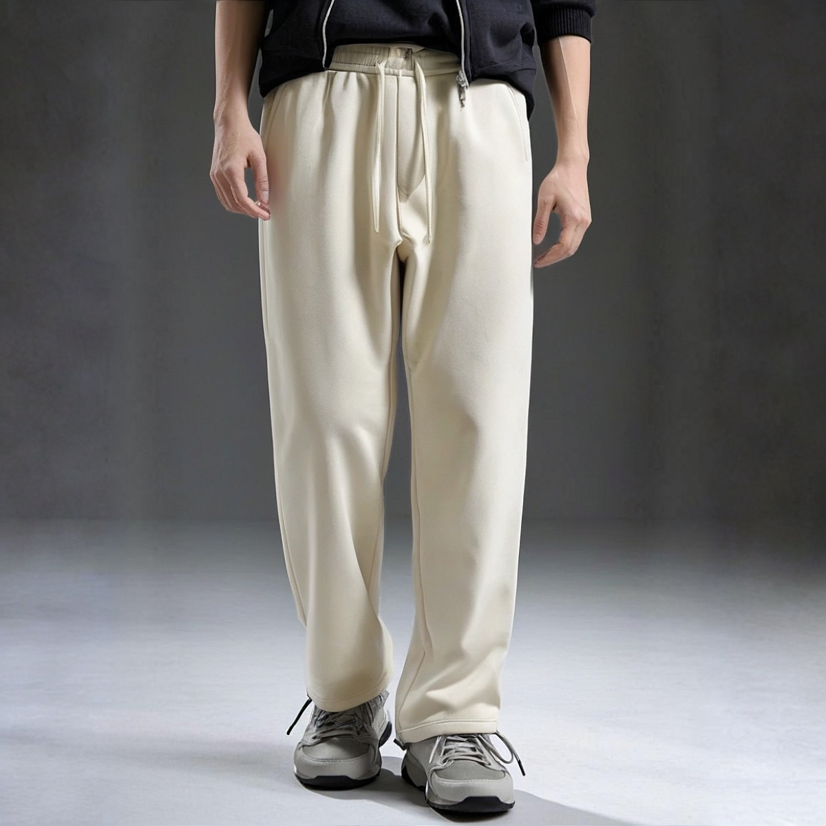 男士宽松直筒男士拼接简约卫裤男装阔腿针织休闲裤~剪标