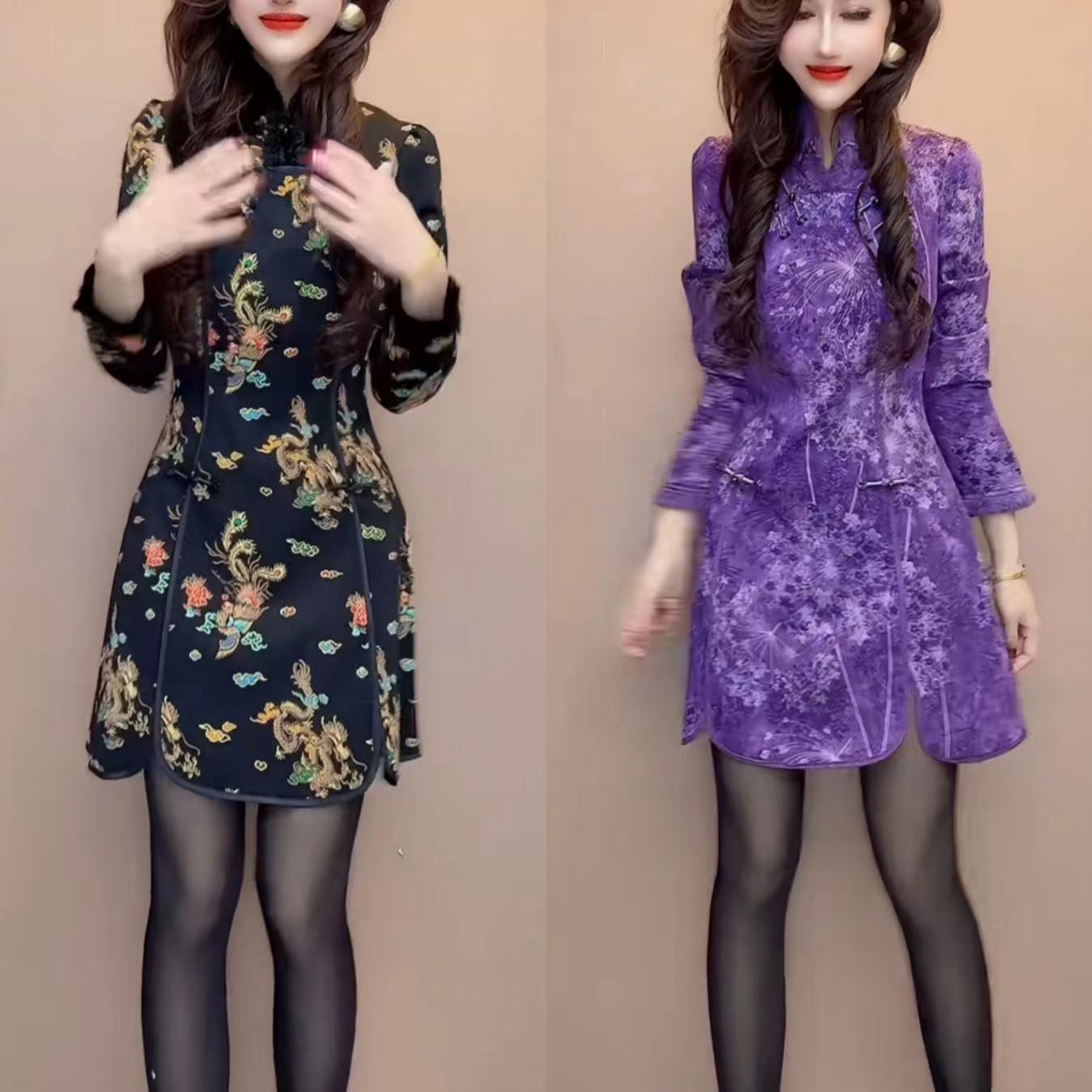 加绒国风连衣裙中长款修身长袖气质