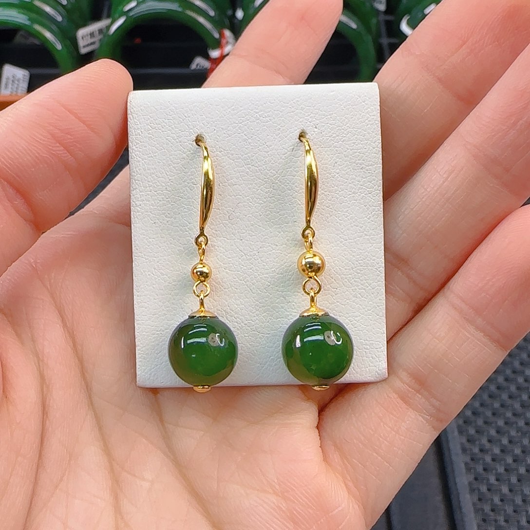 银S925镶嵌和田玉耳饰碧玉单珠耳饰