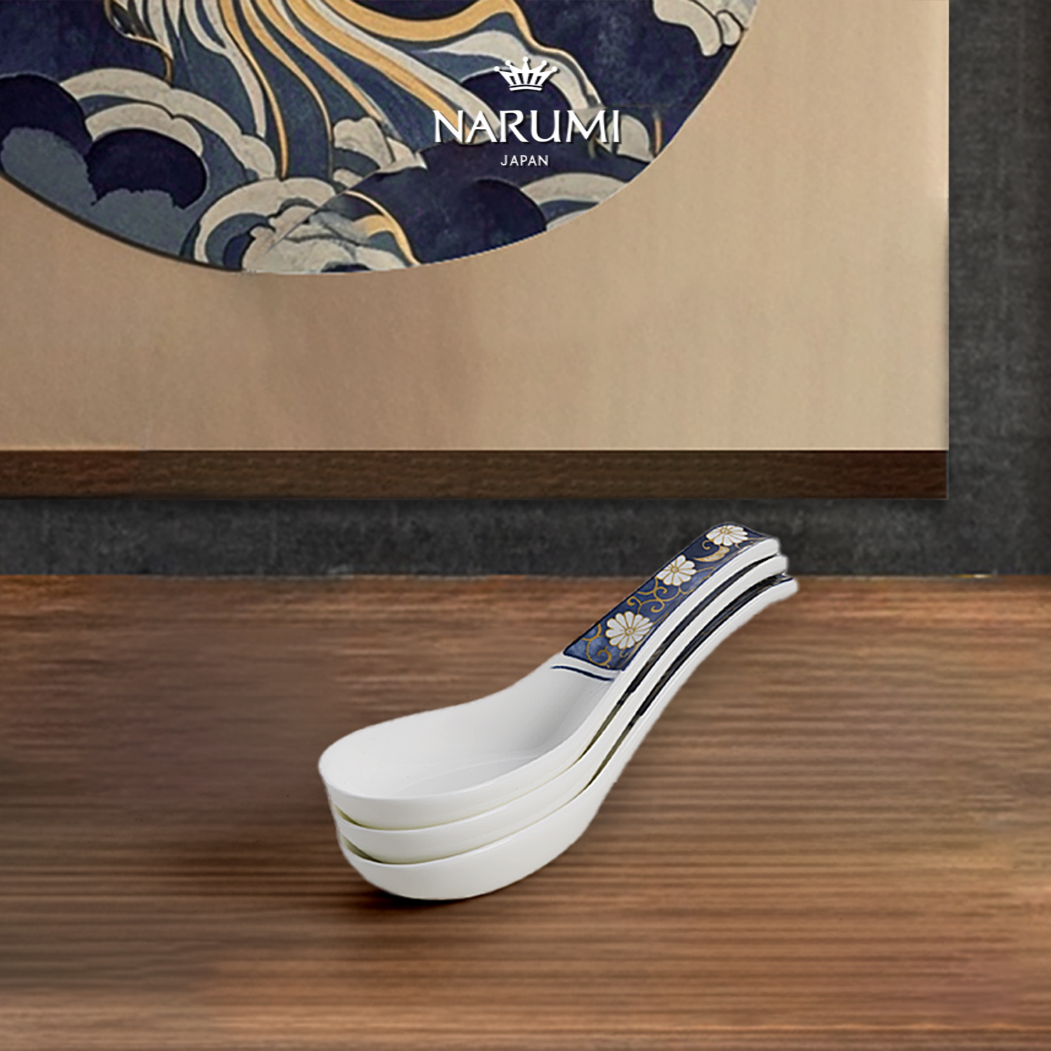 日本NARUMI/鸣海KIKKA系列伊万里/中餐勺子3只/调羹骨瓷/釉中彩