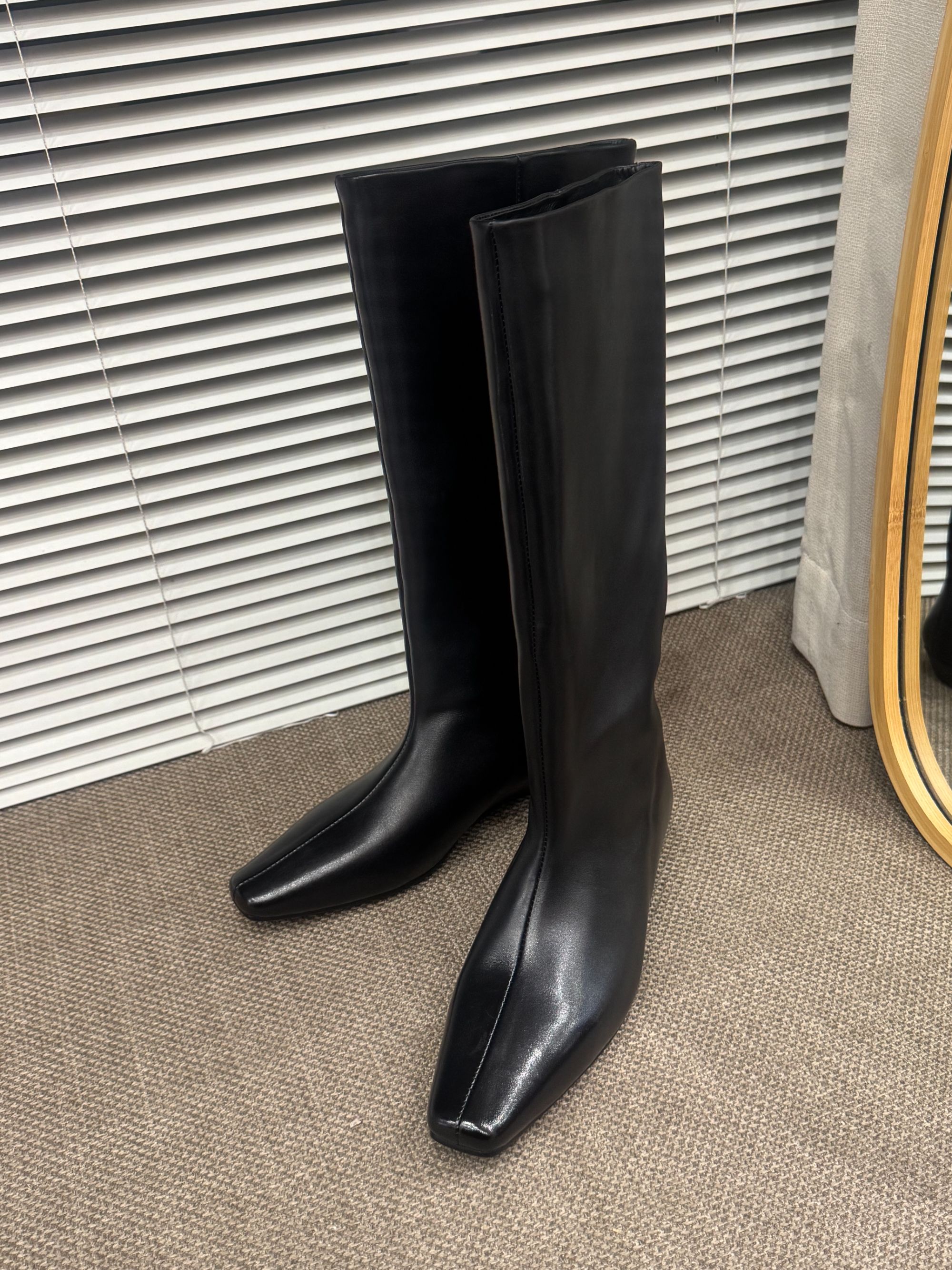 【小牛皮长筒靴跟高3cm】轻奢小众设计简约百搭小方头宽筒围骑士靴