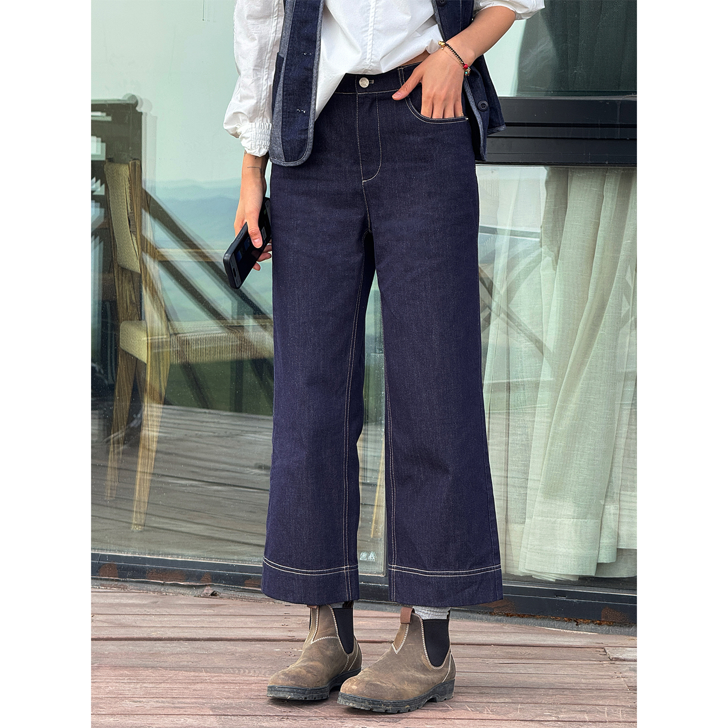 LANGQING 直筒通勤棉麻混纺水洗牛仔九分裤45177/45344#