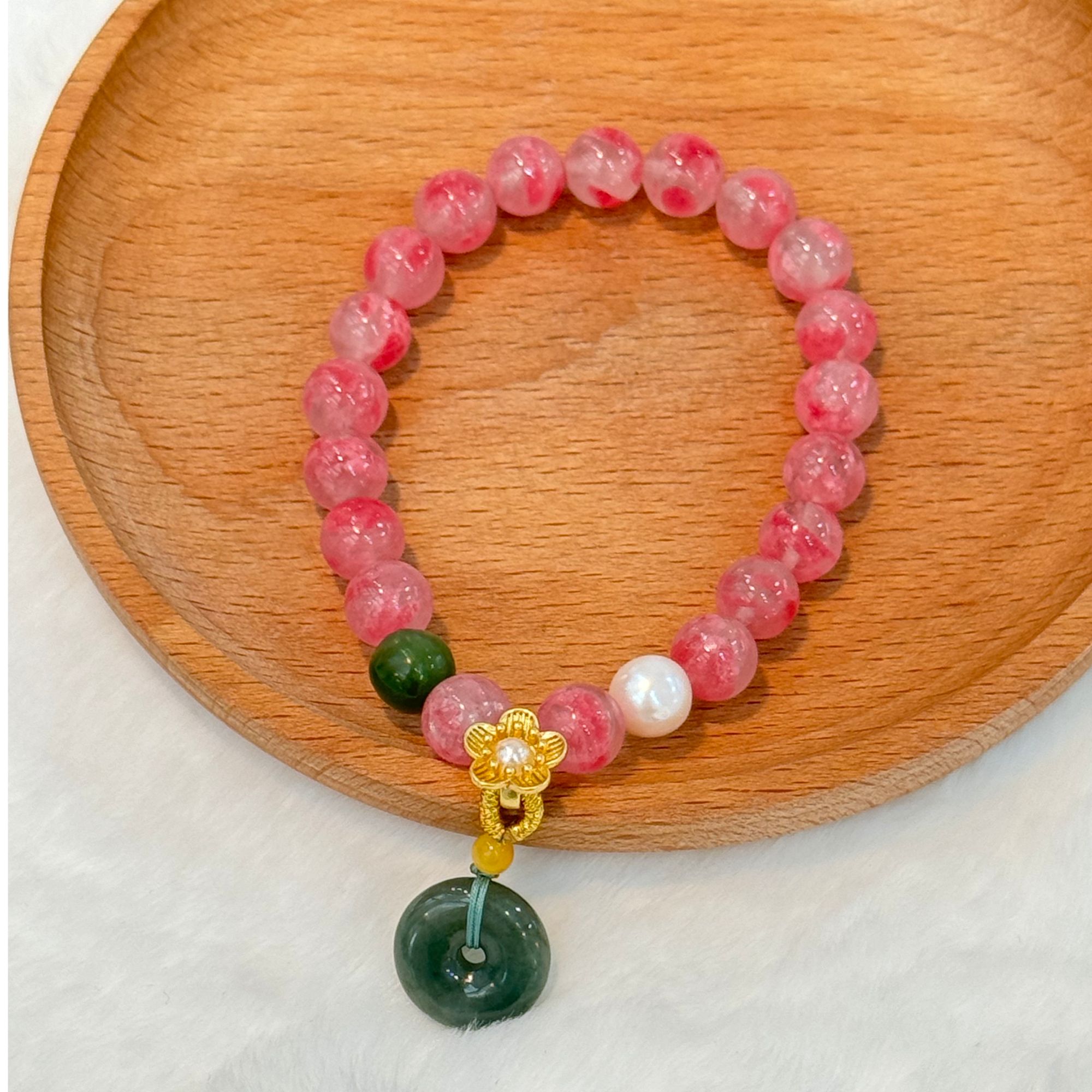 蔷薇石和田玉带吊坠手串