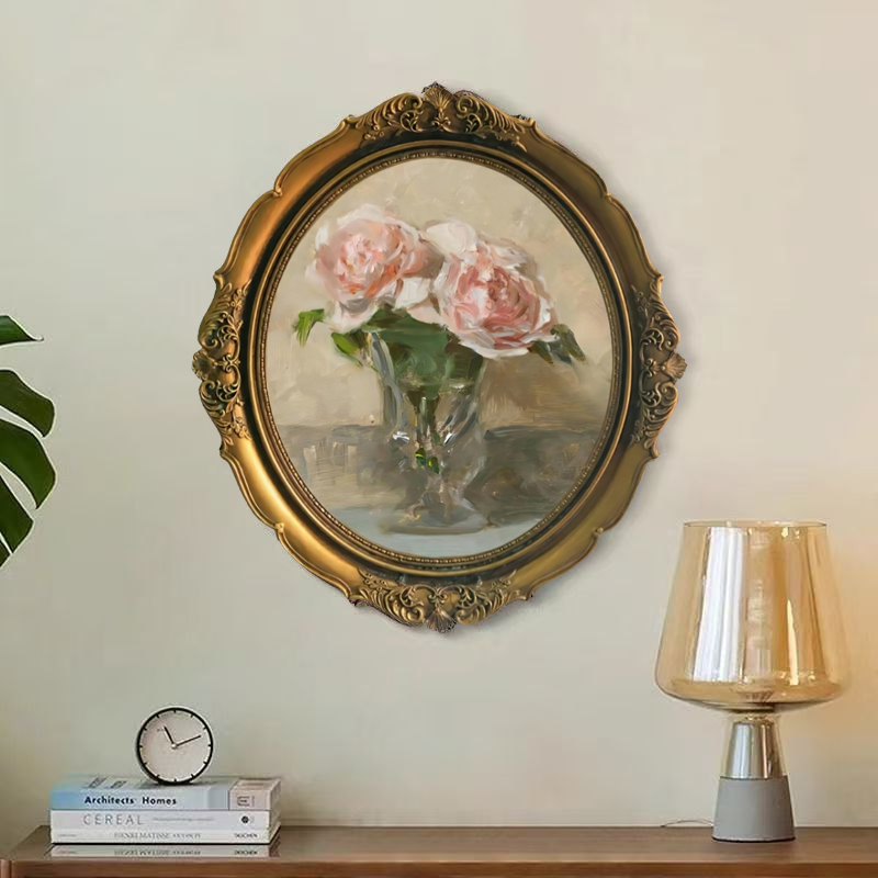 法式复古椭圆形框画欧式中古风客厅挂画花卉壁画床头玄关书房画框