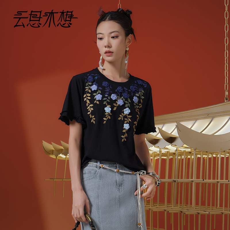Ysimo-X云思木想 一帘幽花 精致绣花钩花钉花亚麻棉混纺T恤13382