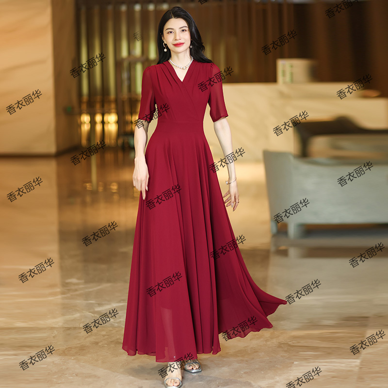 香衣丽华28D-波尔多红夏季短袖V领纯色大摆长款修身显瘦连衣长裙