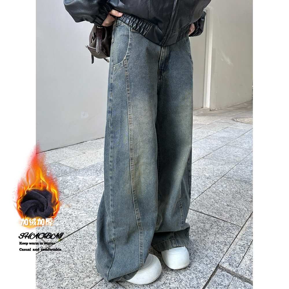 美式复古水洗牛仔裤男冬季加绒潮牌宽松弯刀裤子高街解构阔腿长裤
