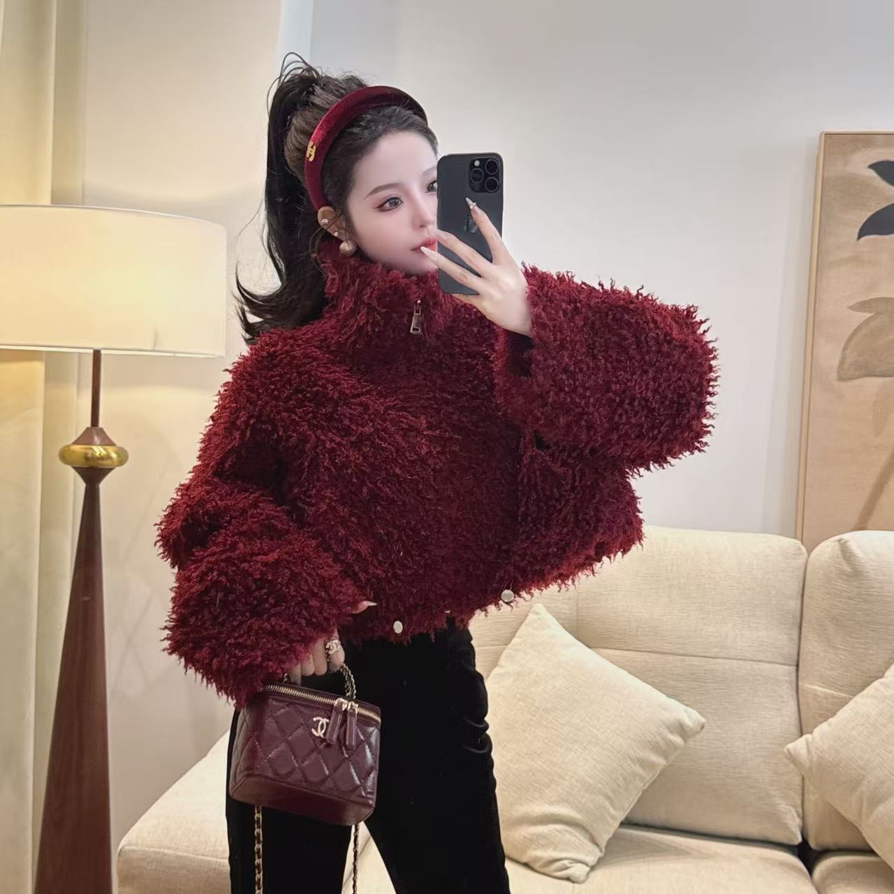 【阿丹】2025太迪绒冬季过年圣诞红毛毛拼皮短款小外套秋冬上衣百搭