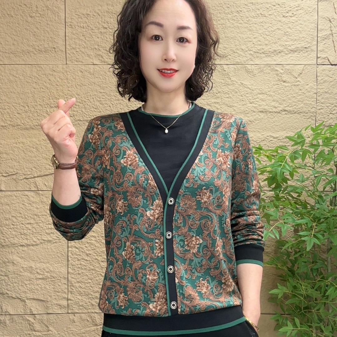 2025春季长袖新款妈妈装女装时尚洋气气质减龄中老年假两件小衫