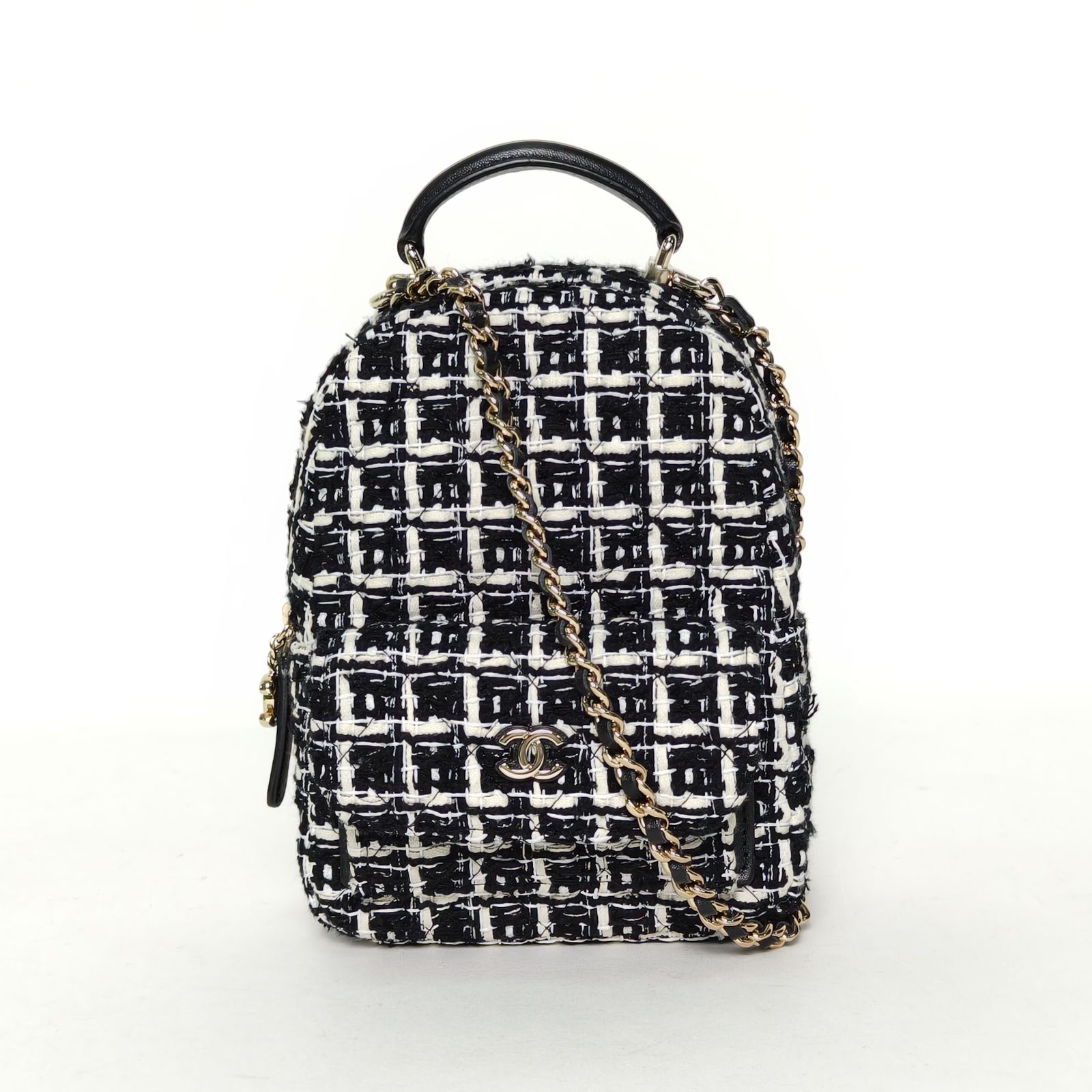 99新 Chanel/香奈儿 花花手提前口袋双肩包 13cm 黑白 粗花呢 