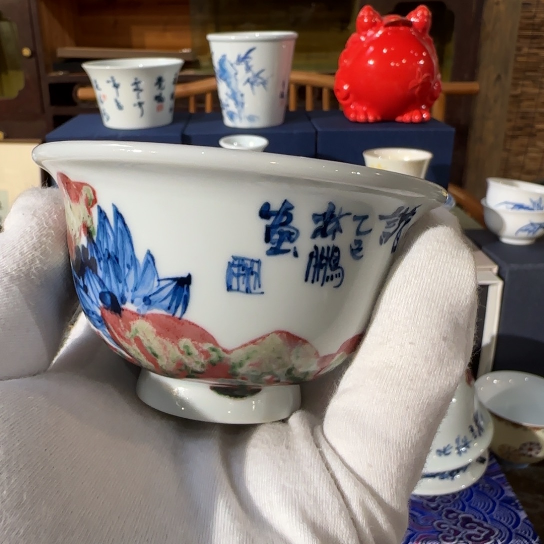 陶青花瓷器压手杯100毫升