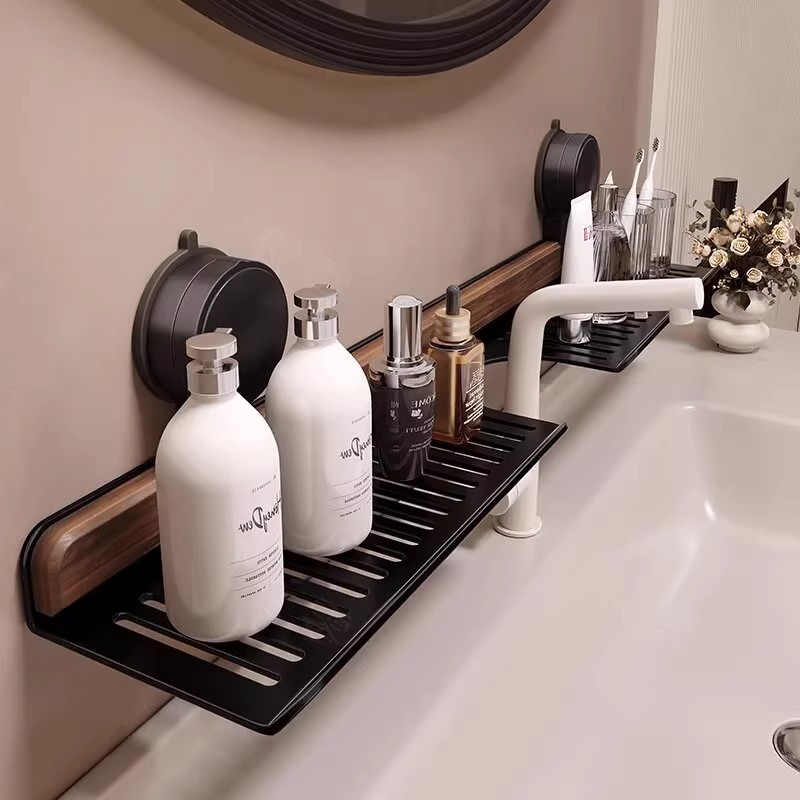 胡桃木卫生间洗漱台镜前水龙头吸盘置物架浴室洗手台洗脸台免打孔