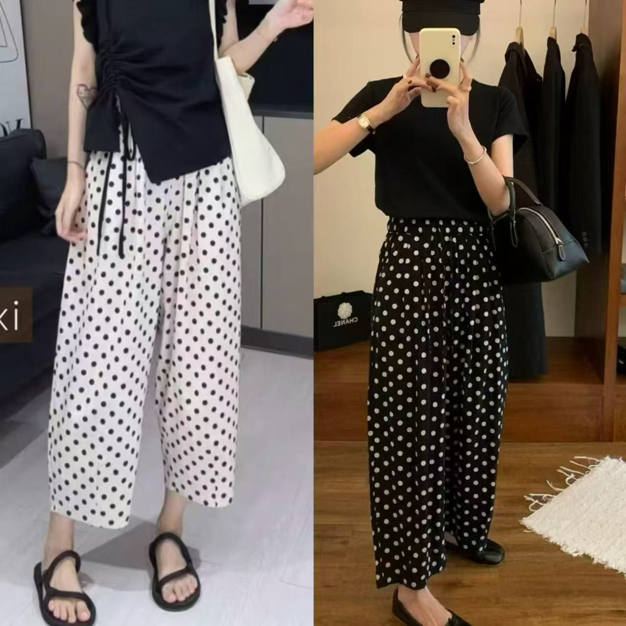 WTT-8636 日韩波点高腰宽松休闲九分裤松紧腰百搭减龄薄款裤子女