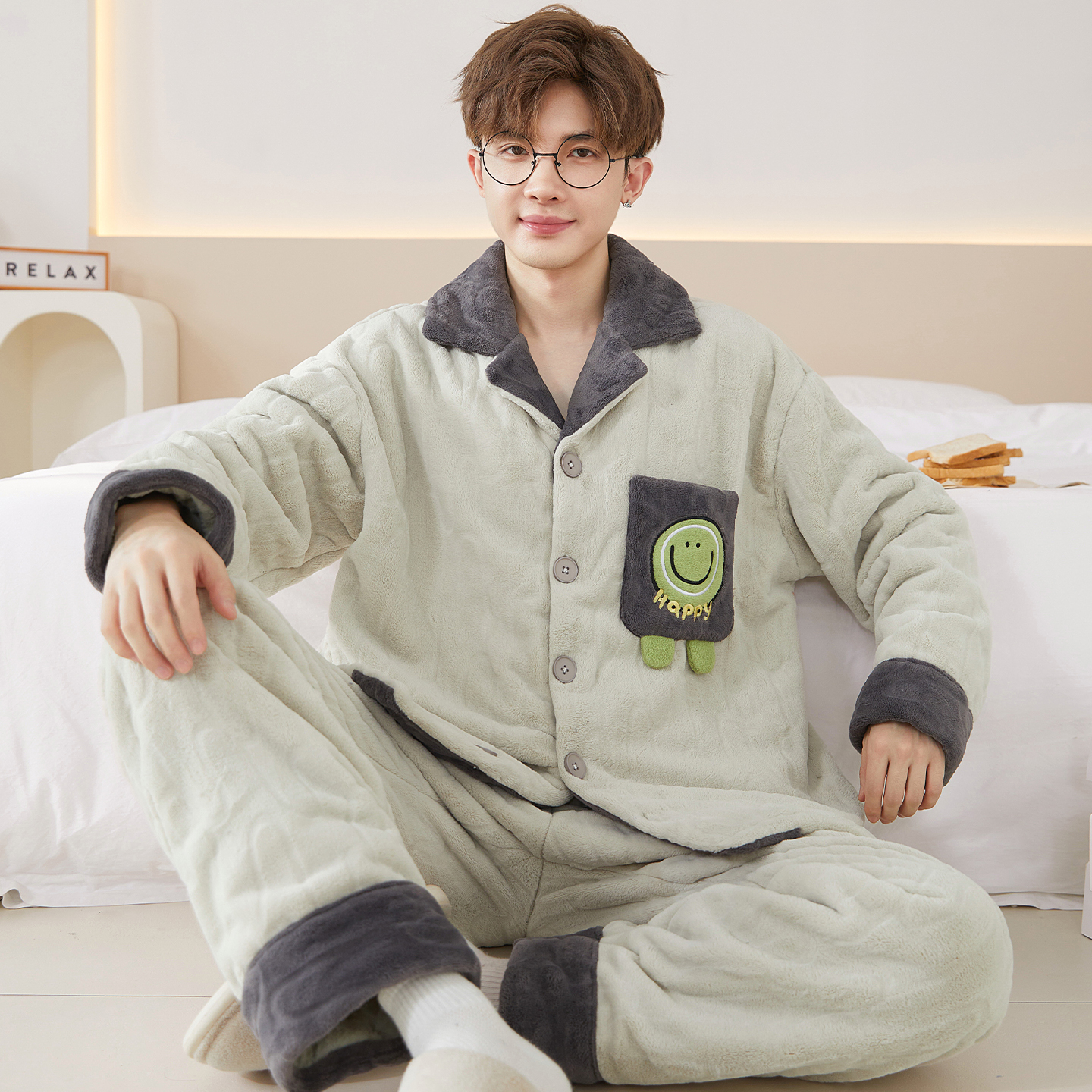 珊瑚绒睡衣男士秋冬季加绒加厚青少年大码男款开衫新款家居服套装