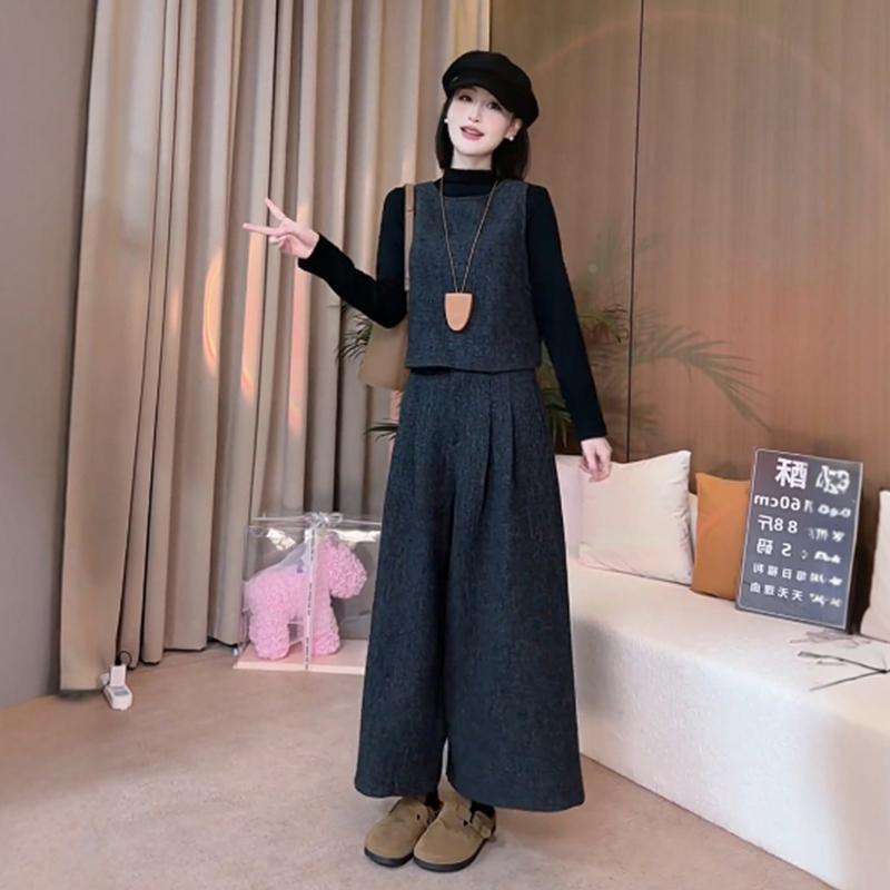高级感毛呢马甲内搭打底上衣高腰九分阔腿裤三件套女秋新款时尚穿