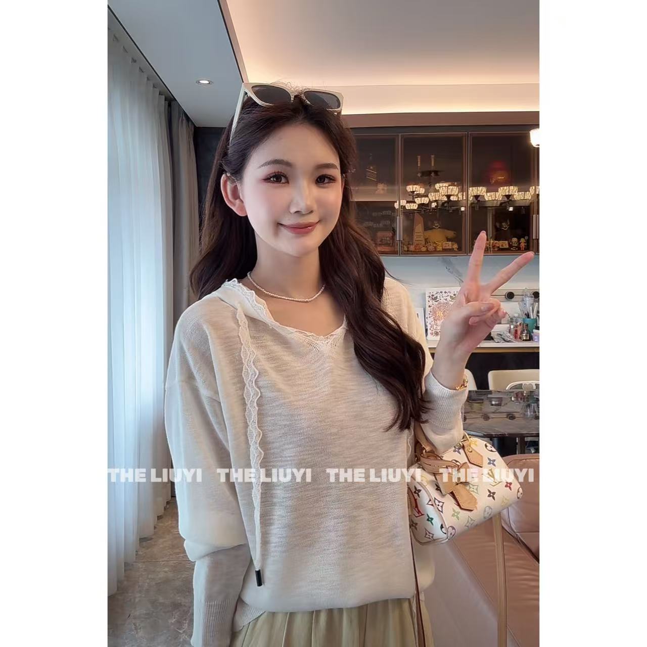 【LIUYI】小美好~夏季凉感蕾丝花边连帽针织上衣54053