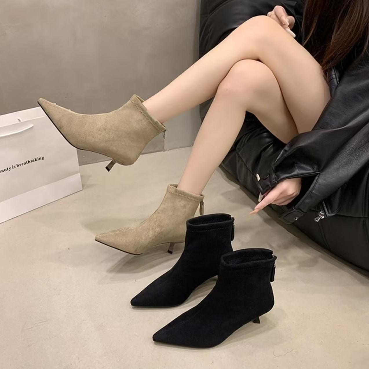 韩版尖头时装靴细跟短靴女2025冬季新款时尚百搭后拉链瘦瘦靴女靴