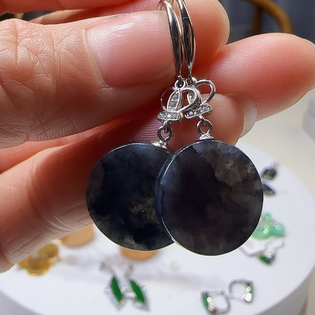 翡翠耳饰银S925镶嵌天然缅甸a货翡翠