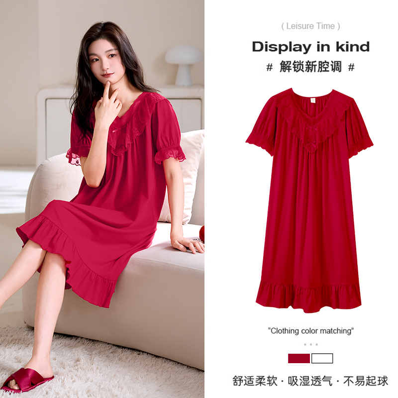 金黛儿夏季新款短袖睡裙女士拉架爽棉高档蕾丝宫廷风中长裙可外穿