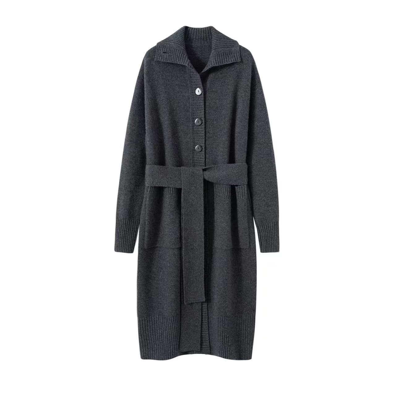 100%山羊绒7针双股重磅加厚中长款翻领羊绒开衫大衣