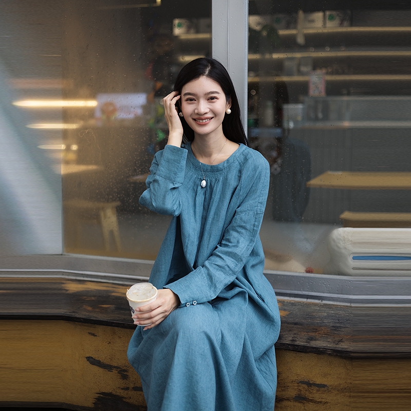 500朵/色织亚麻圆领插肩春秋季简约长袖连衣裙女新款