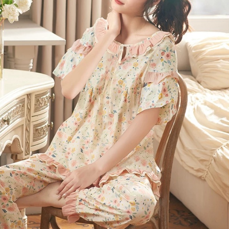 睡衣女士夏季2025新款甜美公主风休闲宽松短袖长裤家居服碎花套装