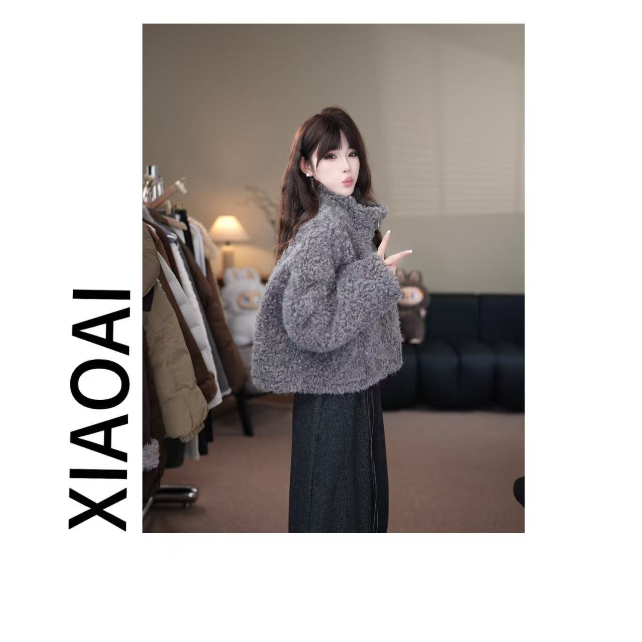 XIAOAI  2025冬季新款高级感短款加绒保暖皮毛一体外套  A30099