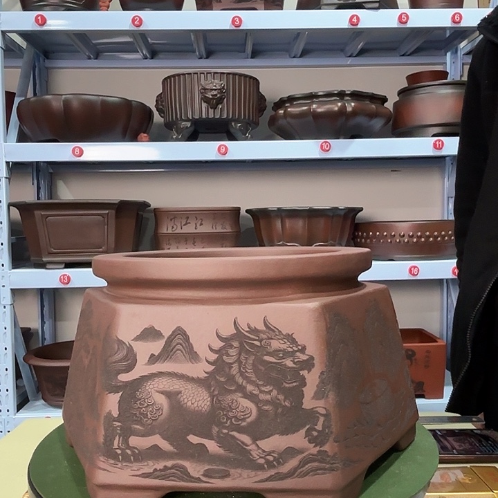 真***现花盆紫砂刻绘麒麟