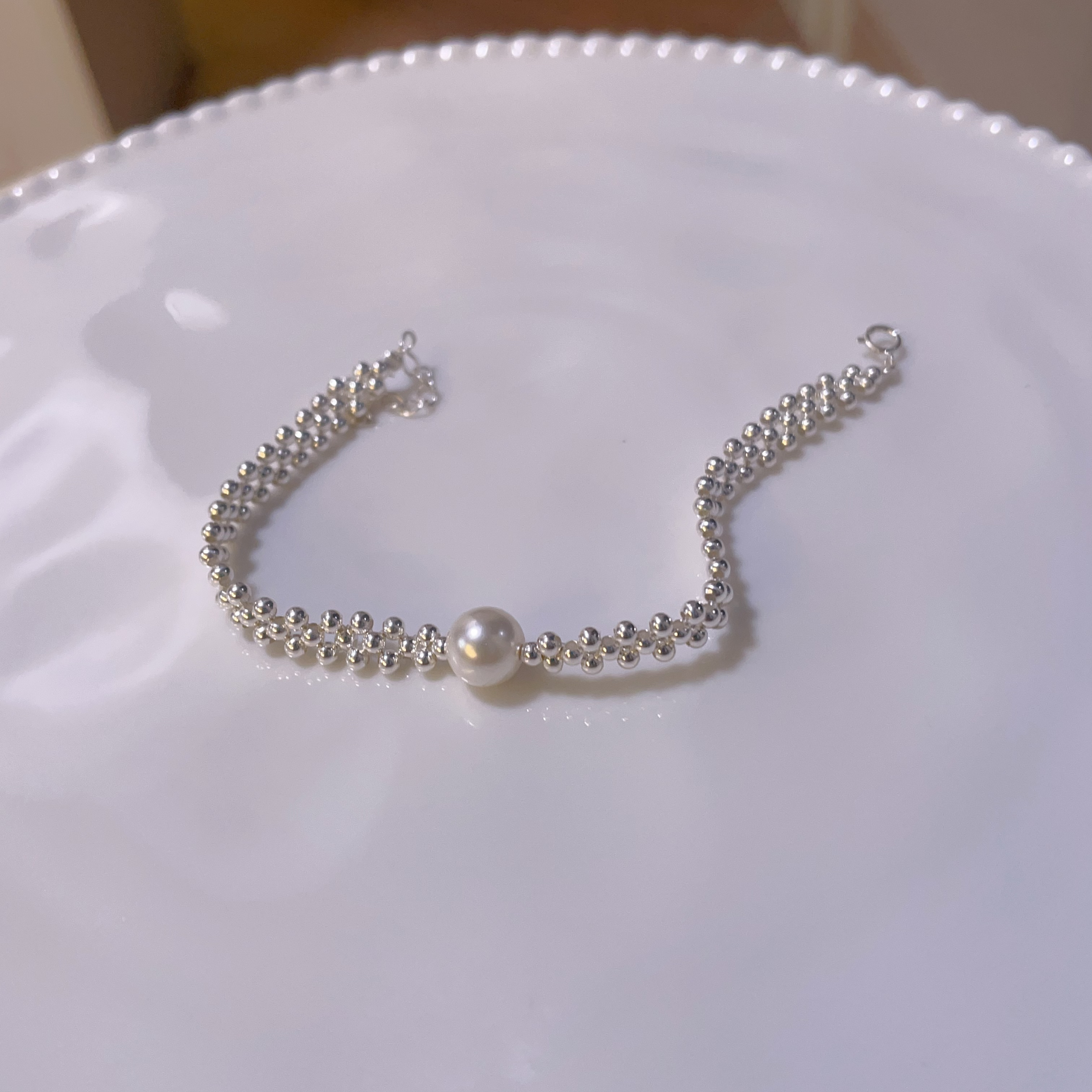 925银仿珍珠手链 S925纯银ins小众设计银珠编织珍珠手链手饰气质