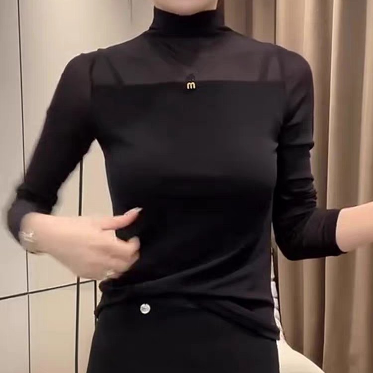 【OSM】2025新款黑色半高领拼接网纱修身打底单穿上衣
