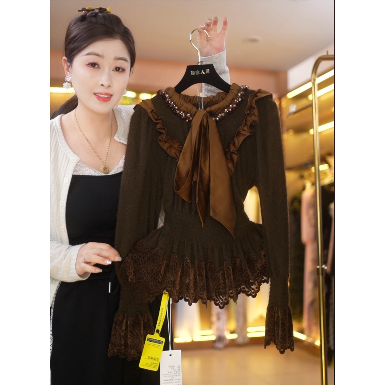 【糖宝专属】重工亮片拼接丝带时尚轻奢设计感上衣7113-1