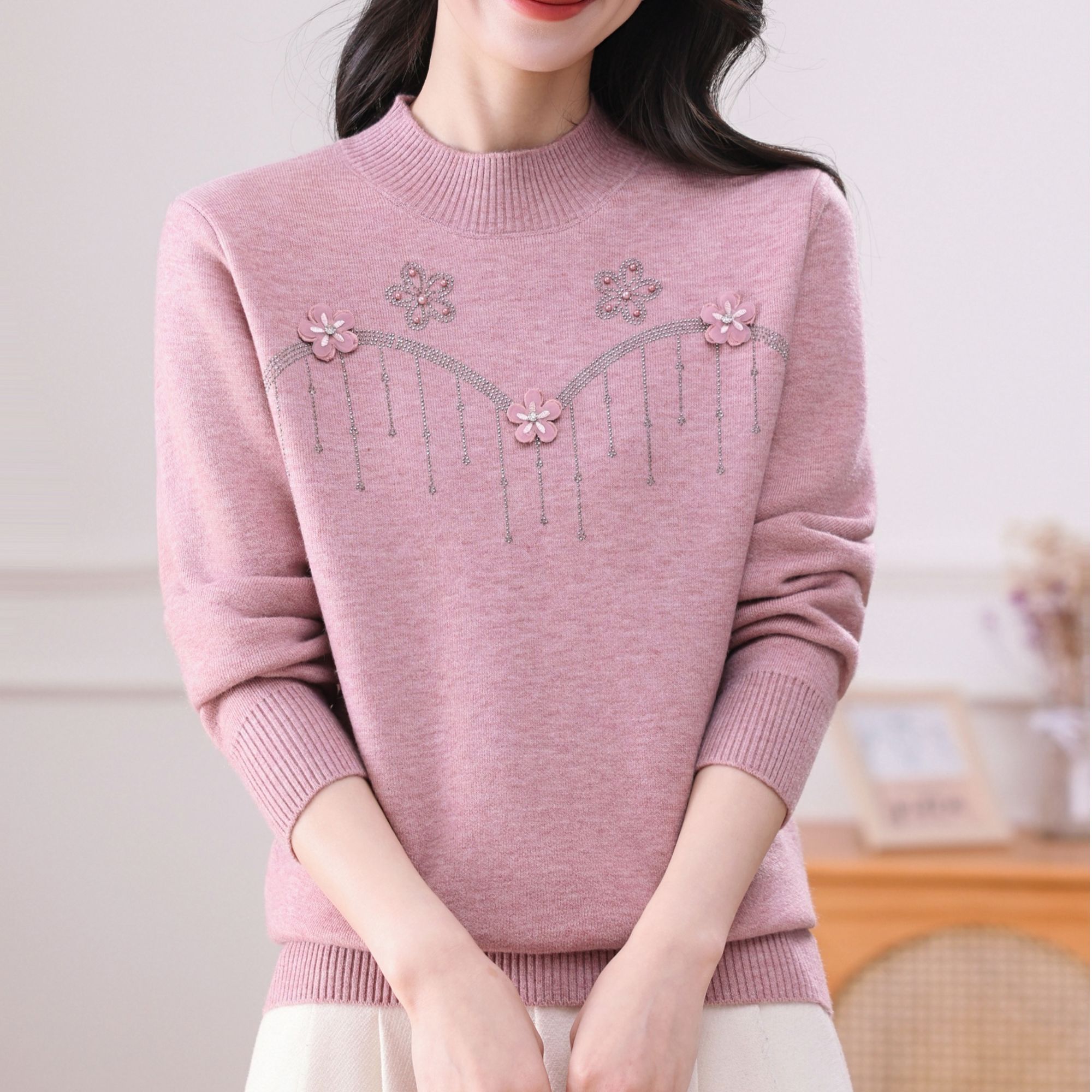 妈妈装半高领时尚秋冬中老年女装加绒加厚女装圆领802