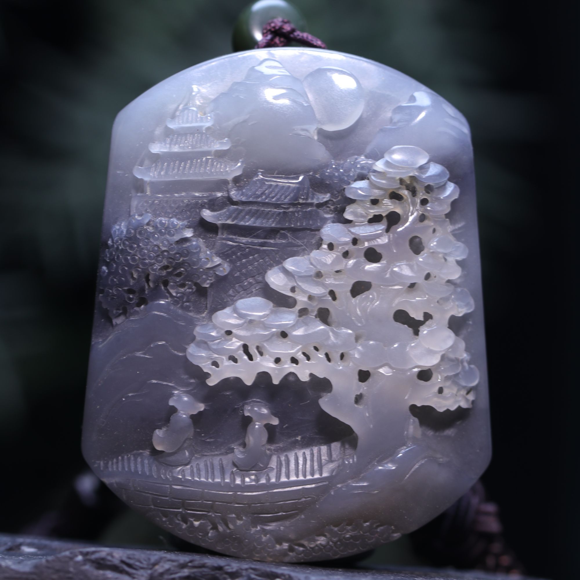 和田玉烟紫山水牌手把件