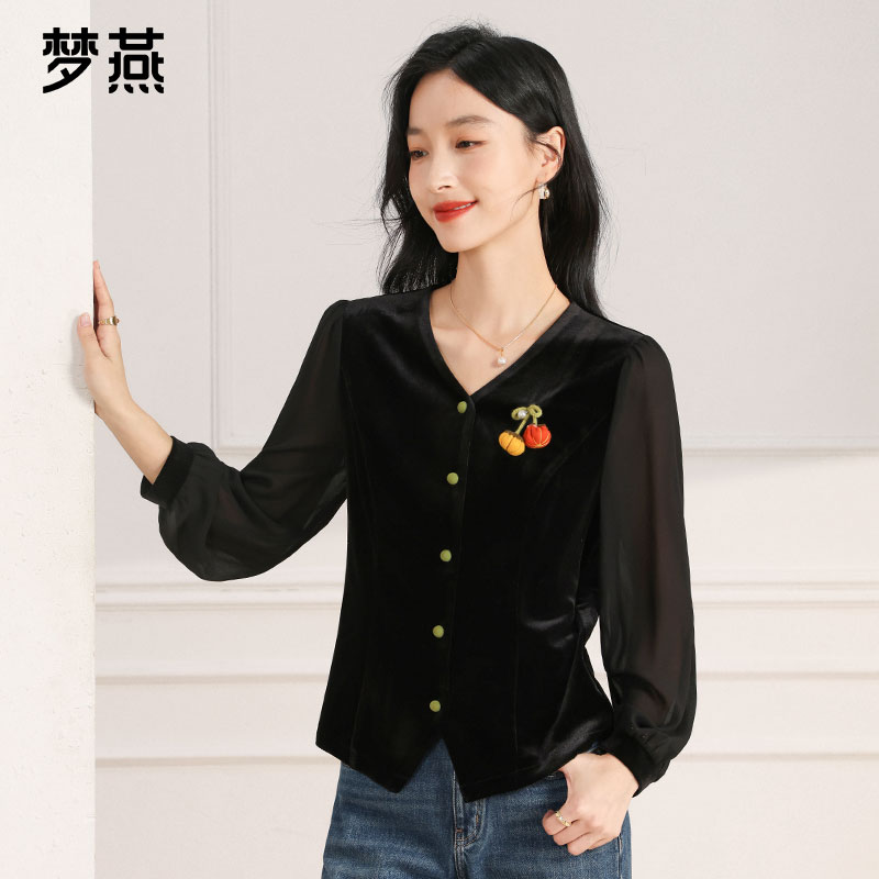 梦燕春秋女气质丝绒新中式打底上衣时尚提花设计感小衫AA04B5062